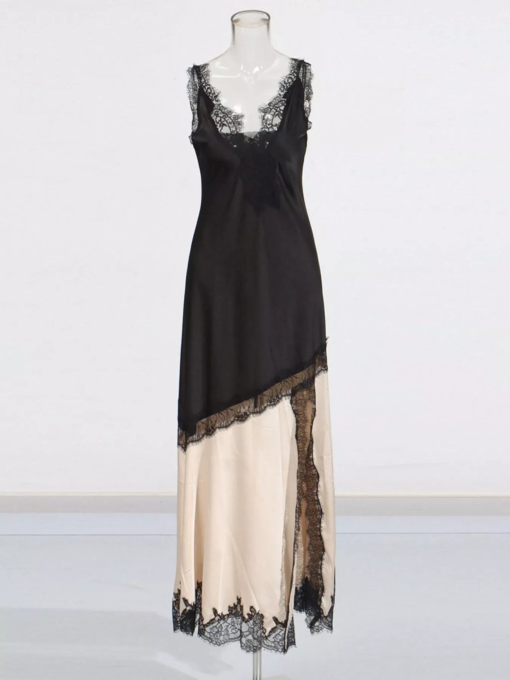 Long two-tone slip dress with lace detail