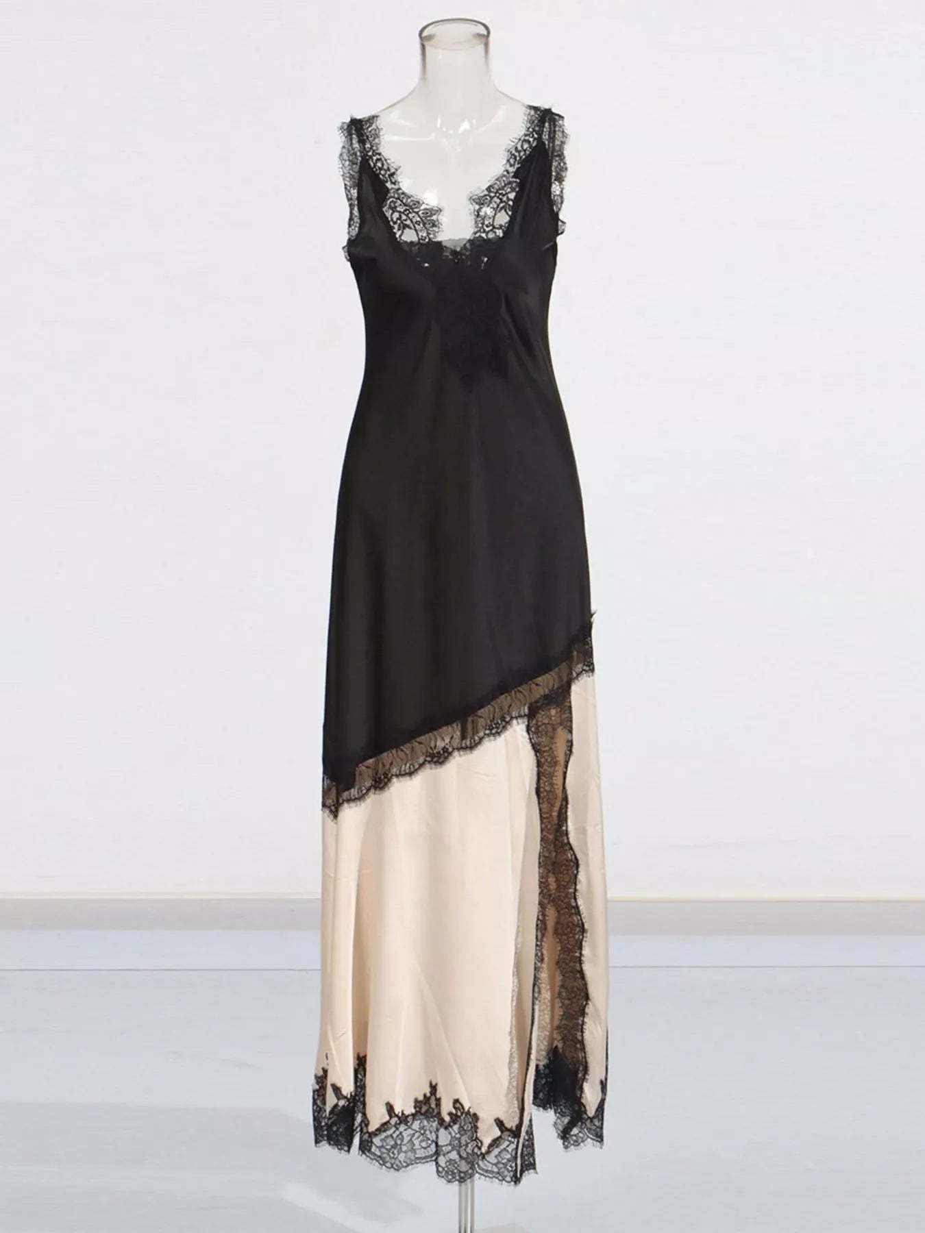 Long two-tone slip dress with lace detail