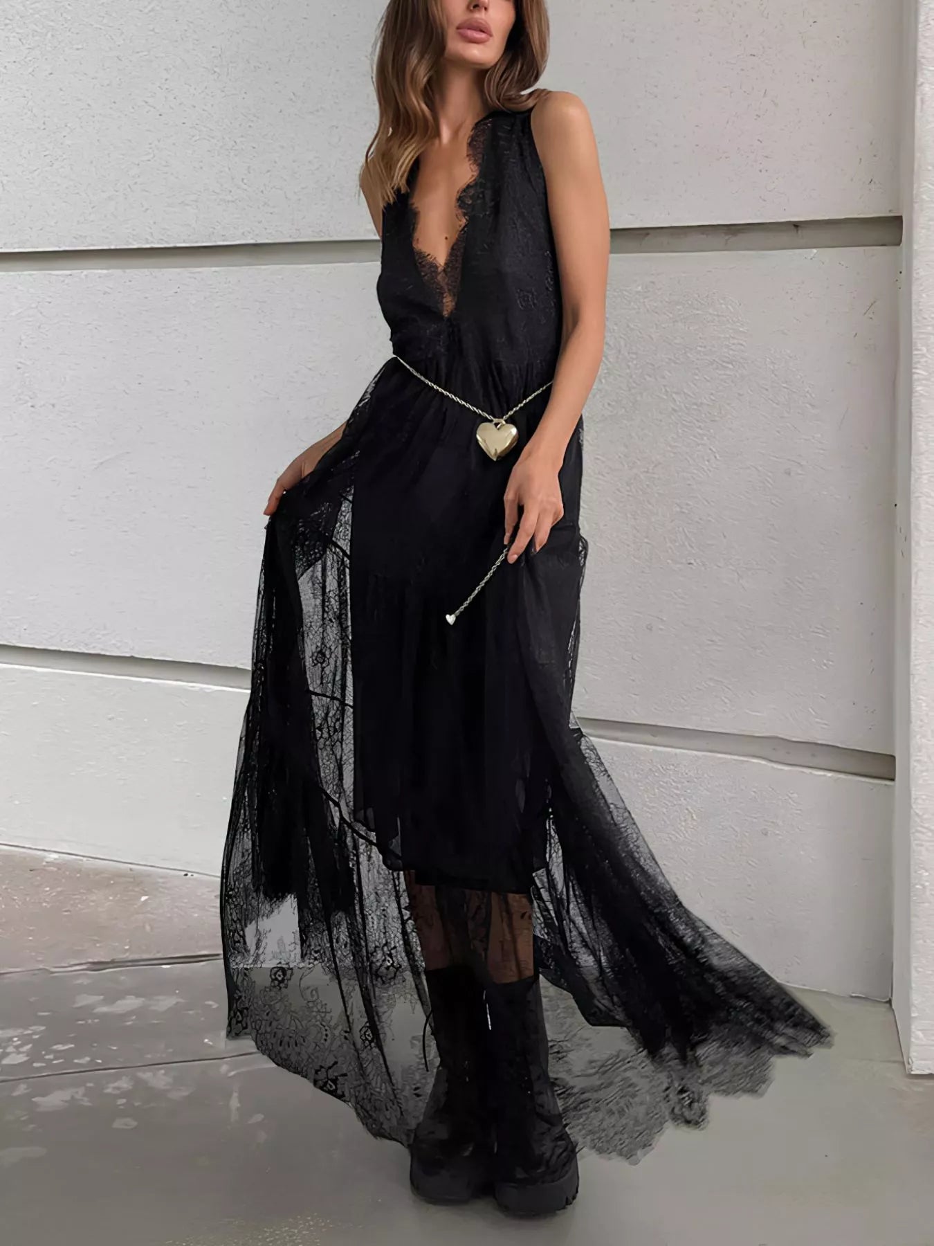 Black lace maxi dress full-length view