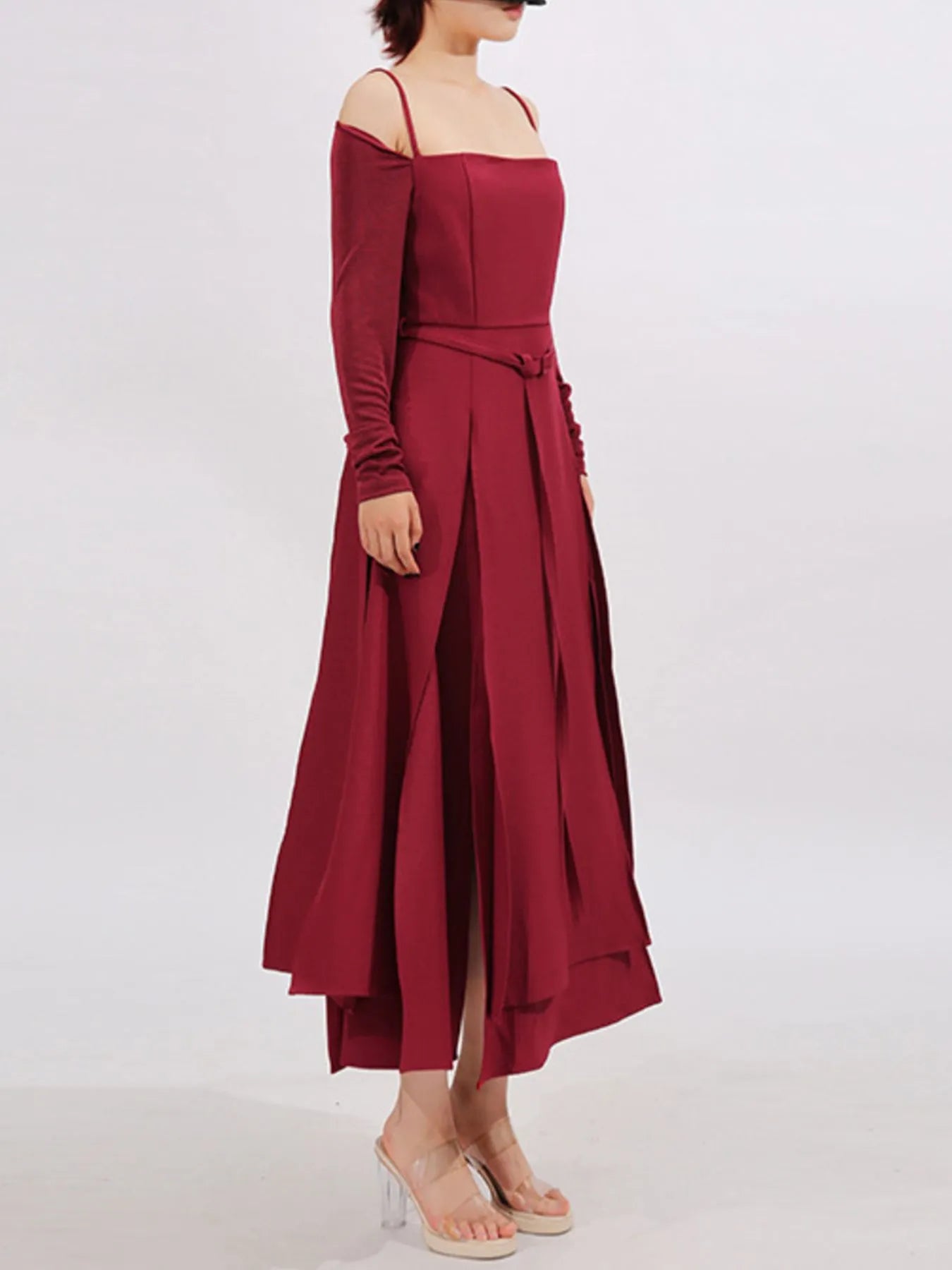 Ruched Spaghetti-Strap Long-Sleeve Slit Dress - product view 3