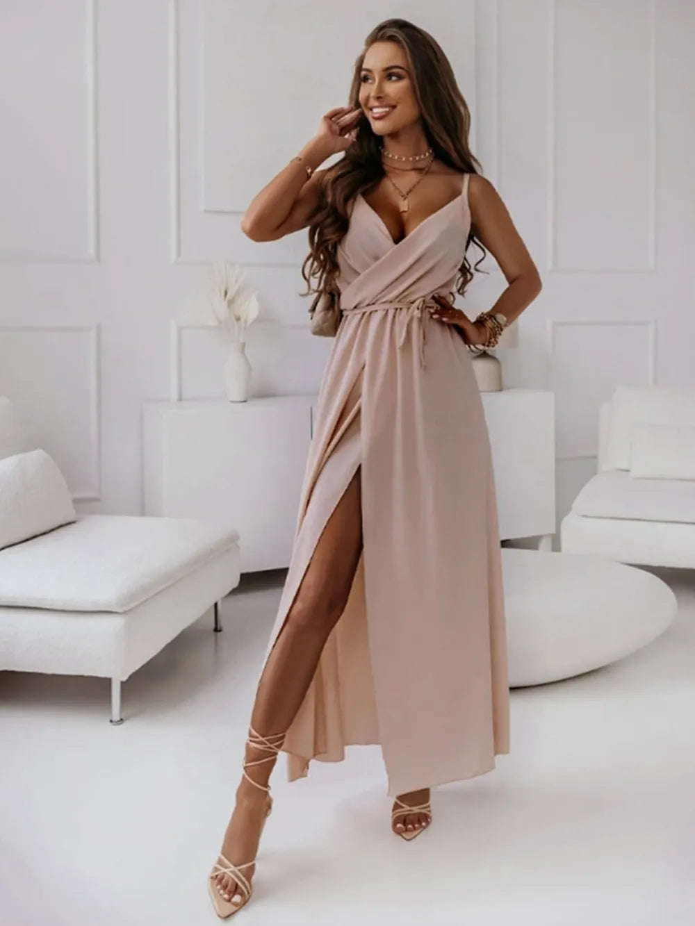 Sleeveless surplice midi dress detail