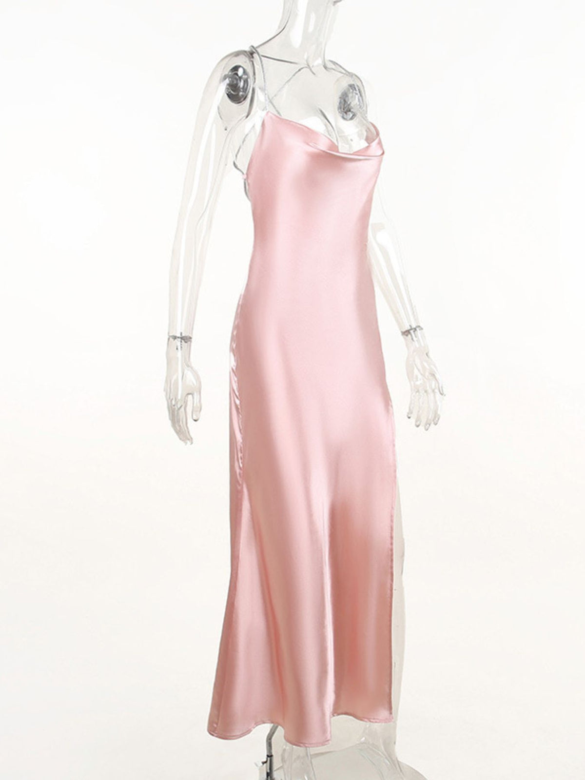 Blush-pink cowl-neck thin-strap dress on mannequin, side view