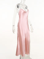 Blush-pink cowl-neck thin-strap dress on mannequin, side view