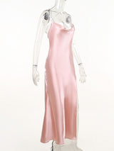 Blush-pink cowl-neck thin-strap dress on mannequin, side view