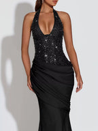 Black halter neck sequin evening dress