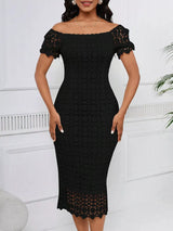 Black short-sleeve lace midi dress with slit, front view.