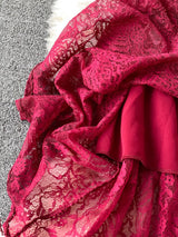 Burgundy ruffled mock-neck lace maxi dress, lace detail.