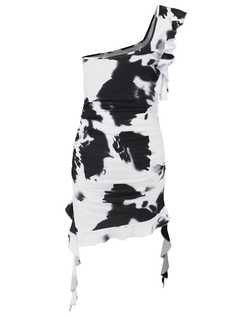 One-shoulder ruffle dress back view