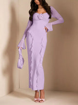 Lavender floral ruffle maxi dress, front view.