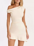 One-shoulder ruffle mini dress front view