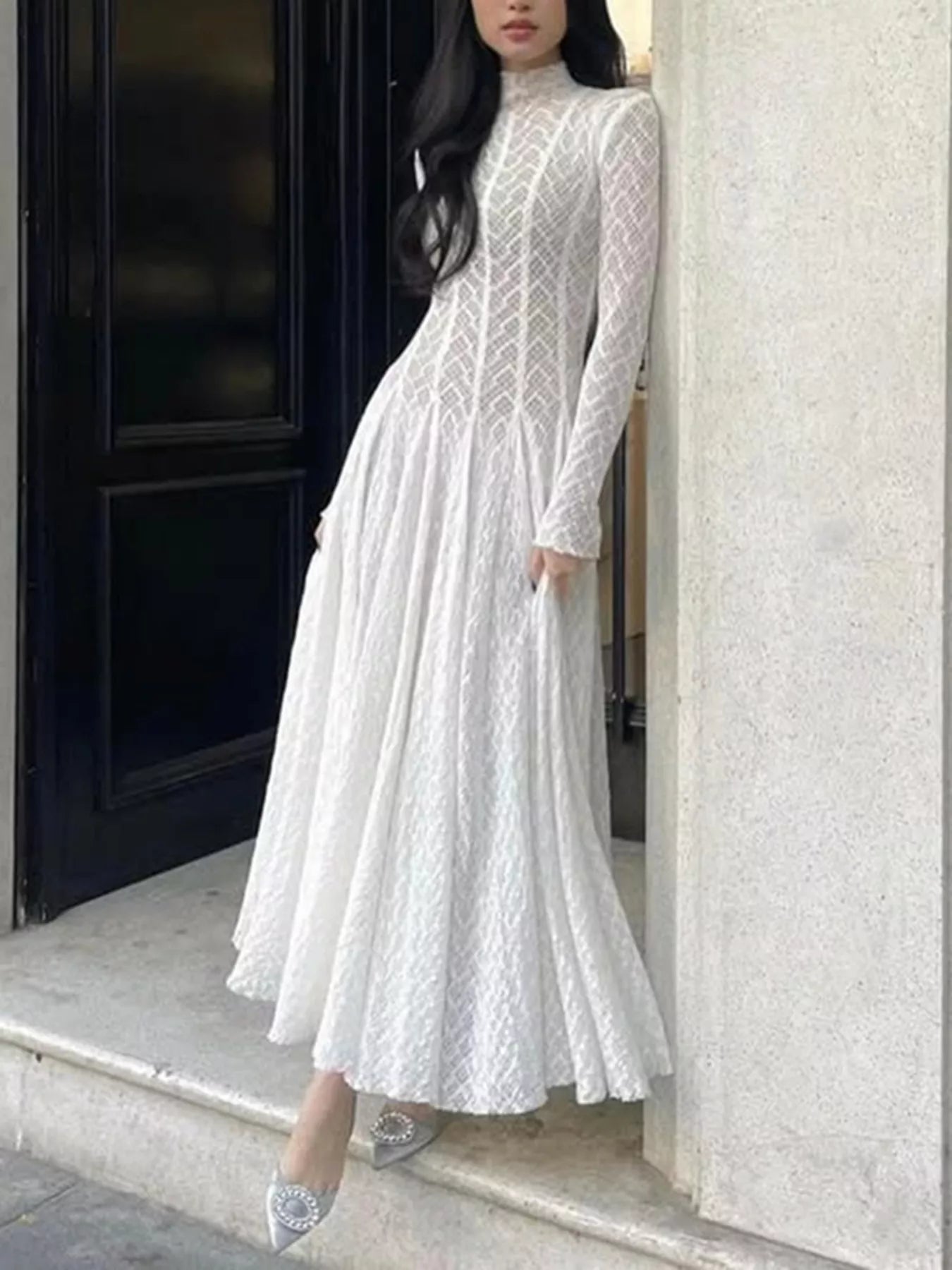 White lace long sleeve maxi dress full-length view