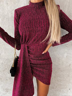 Burgundy mock-neck long-sleeve mini dress, front view