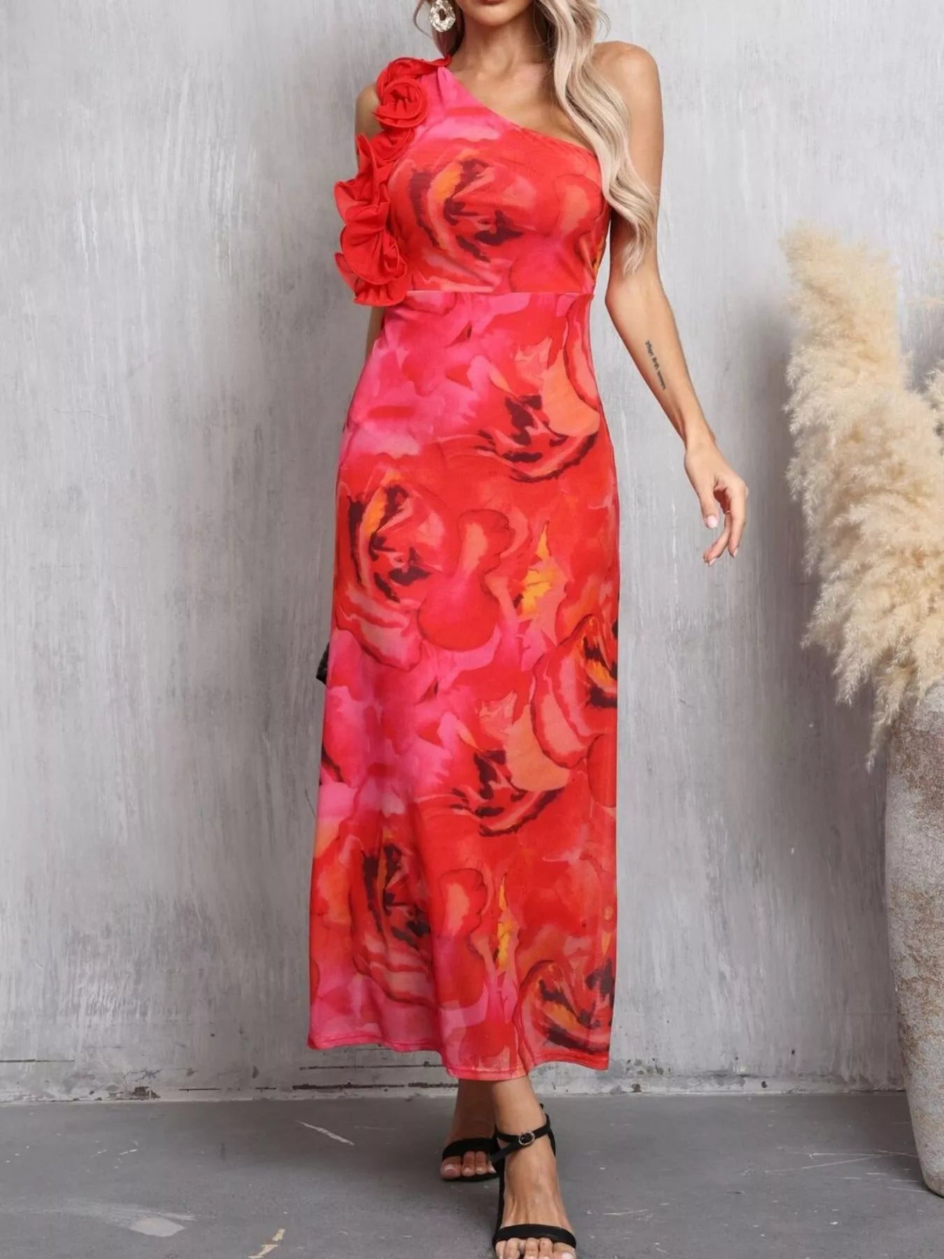 Red floral occasion dress front view