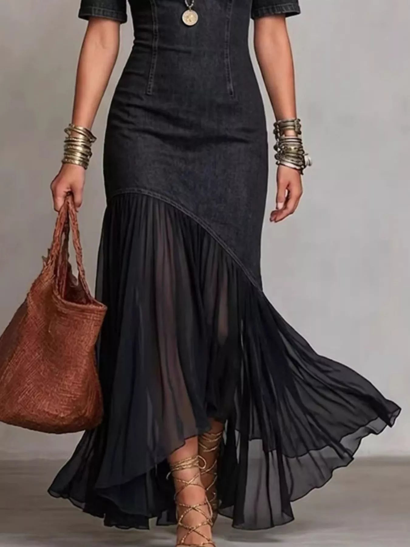 Dark-Blue Mock-Neck Cold-Shoulder Ruffle Maxi Dress - product view 2