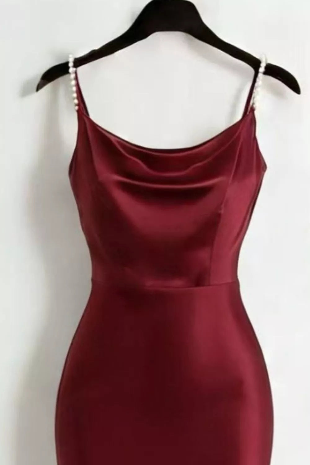 Pearl-strap cowl-neck satin maxi dress detail view