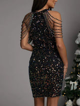 Black multicolor sequin fitted mini dress with draped shoulder strands, back view