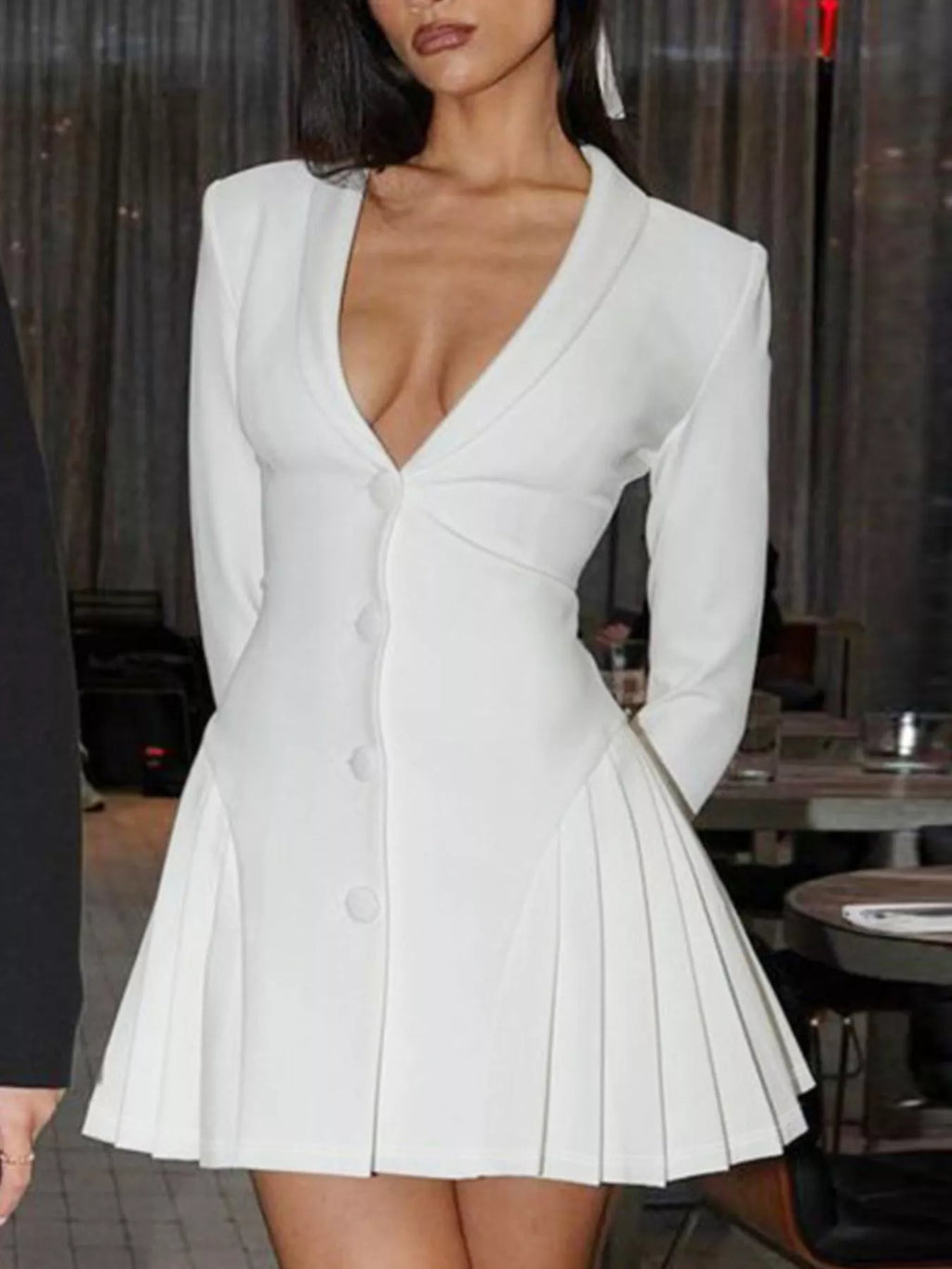 White button-down blazer pleated mini dress