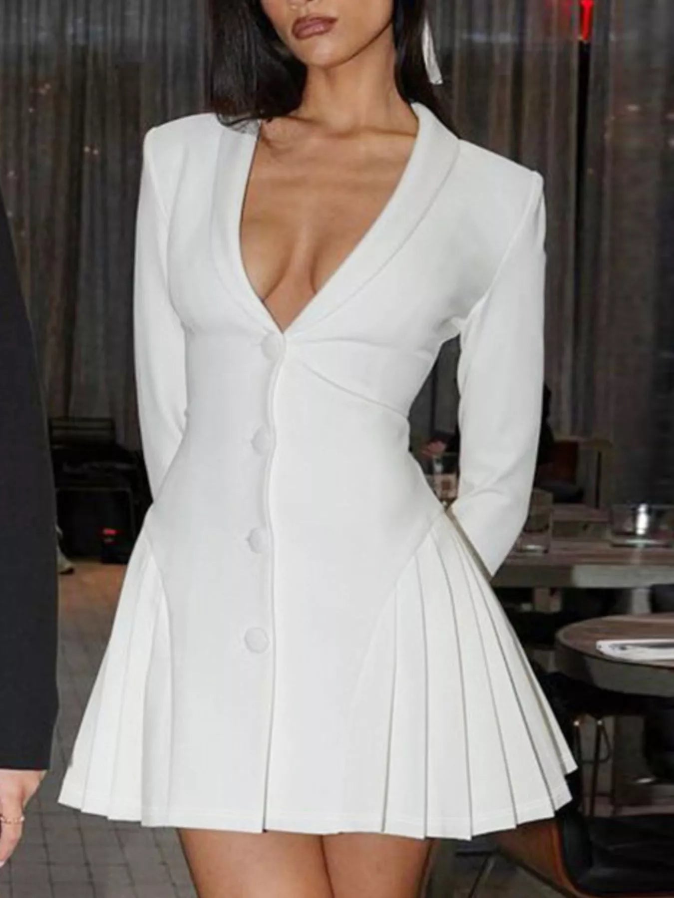 White button-down blazer pleated mini dress