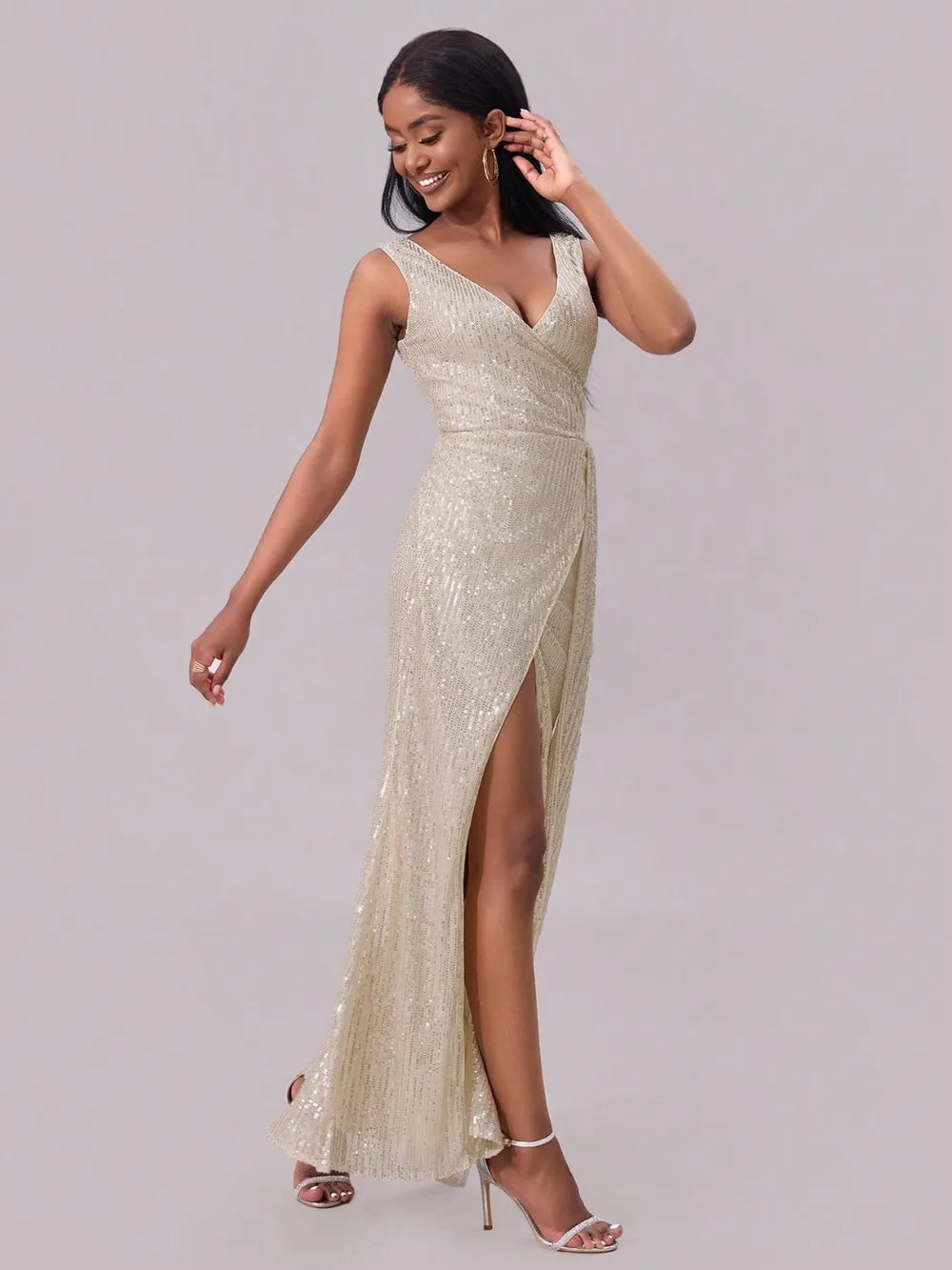 Champagne sequin maxi dress full-length view