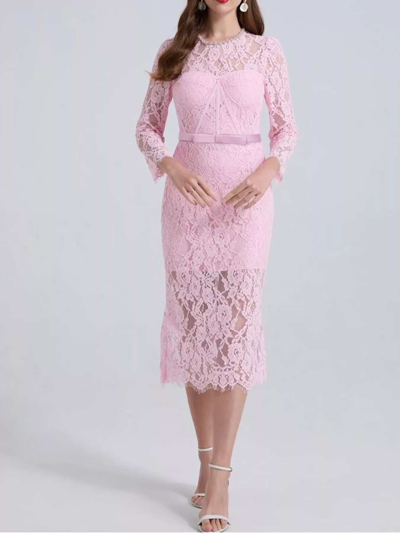 Lace midi dress neckline detail