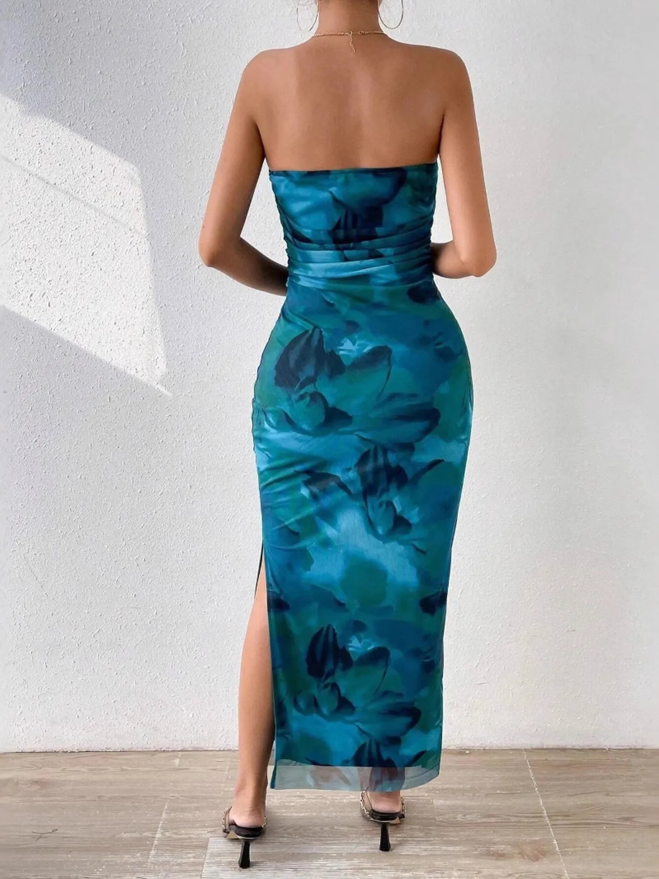 Orange printed tube maxi dress with slit