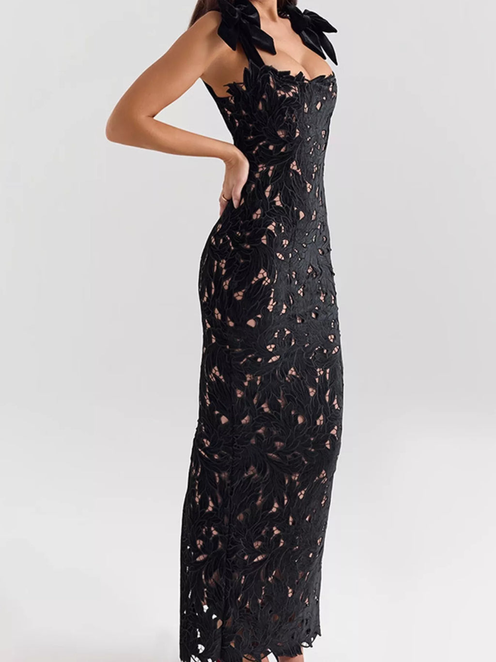 Black slit tie shoulder maxi dress back view