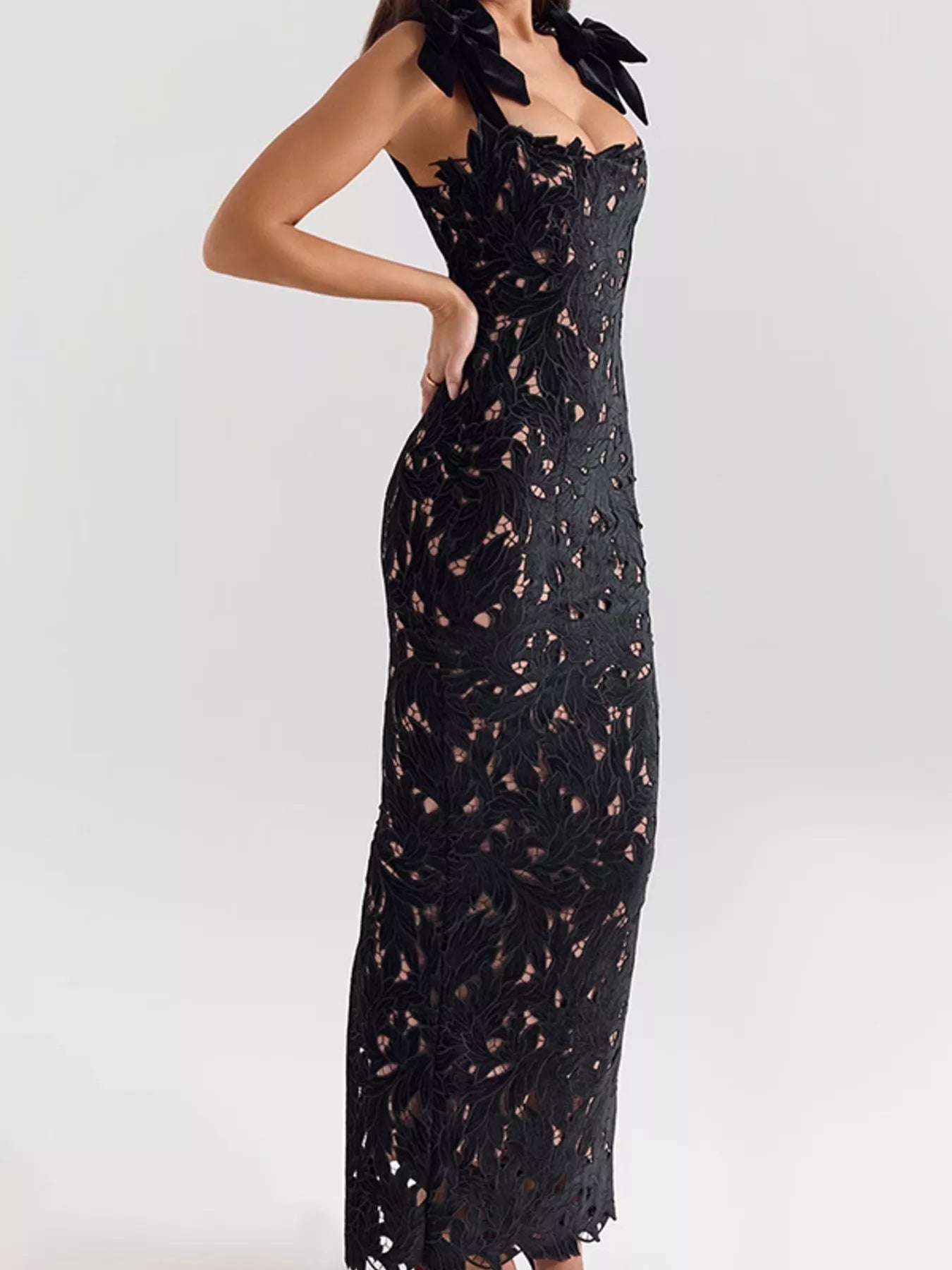 Black slit tie shoulder maxi dress back view