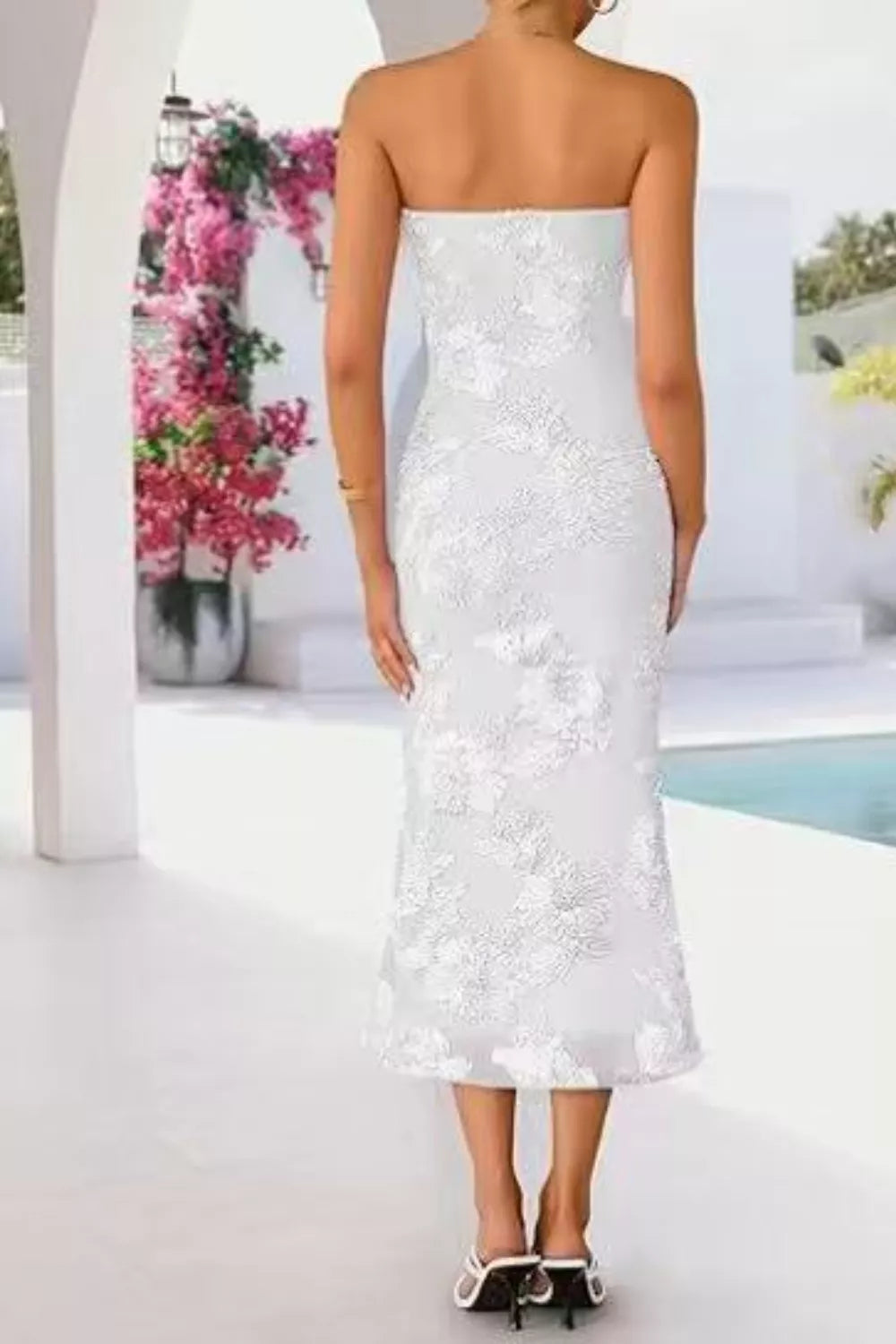White lace midi dress back view