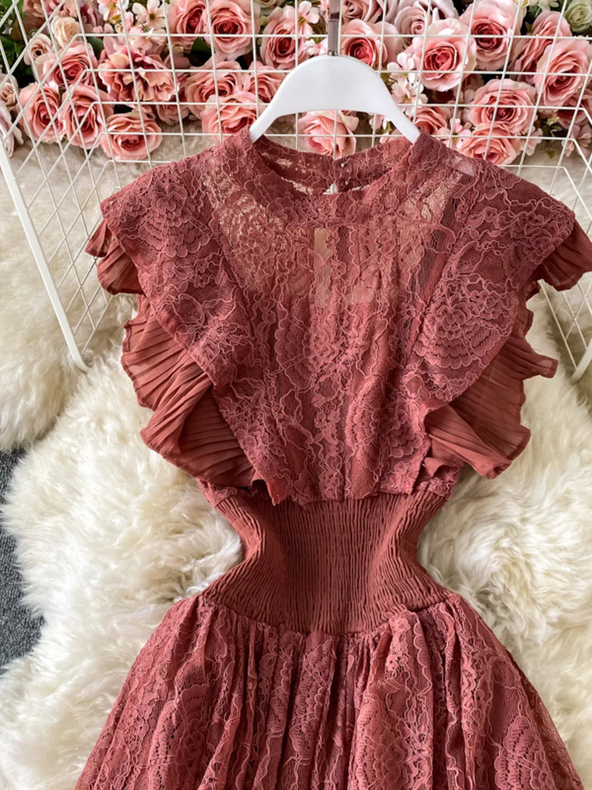 Rust ruffled mock-neck lace maxi dress, bodice detail.