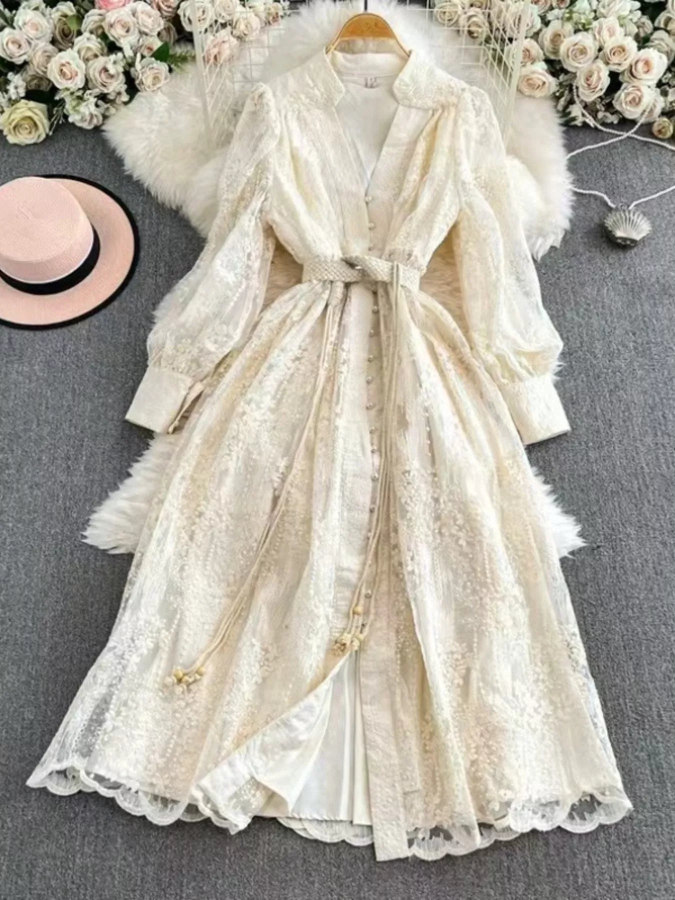 Lace tie-waist long sleeve dress – view 2