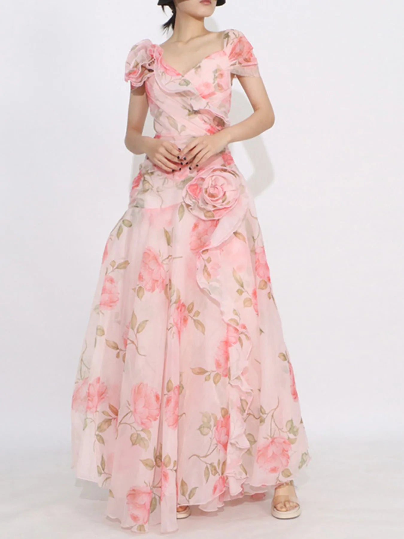 Floral tiered ruffle short-sleeve maxi dress front view