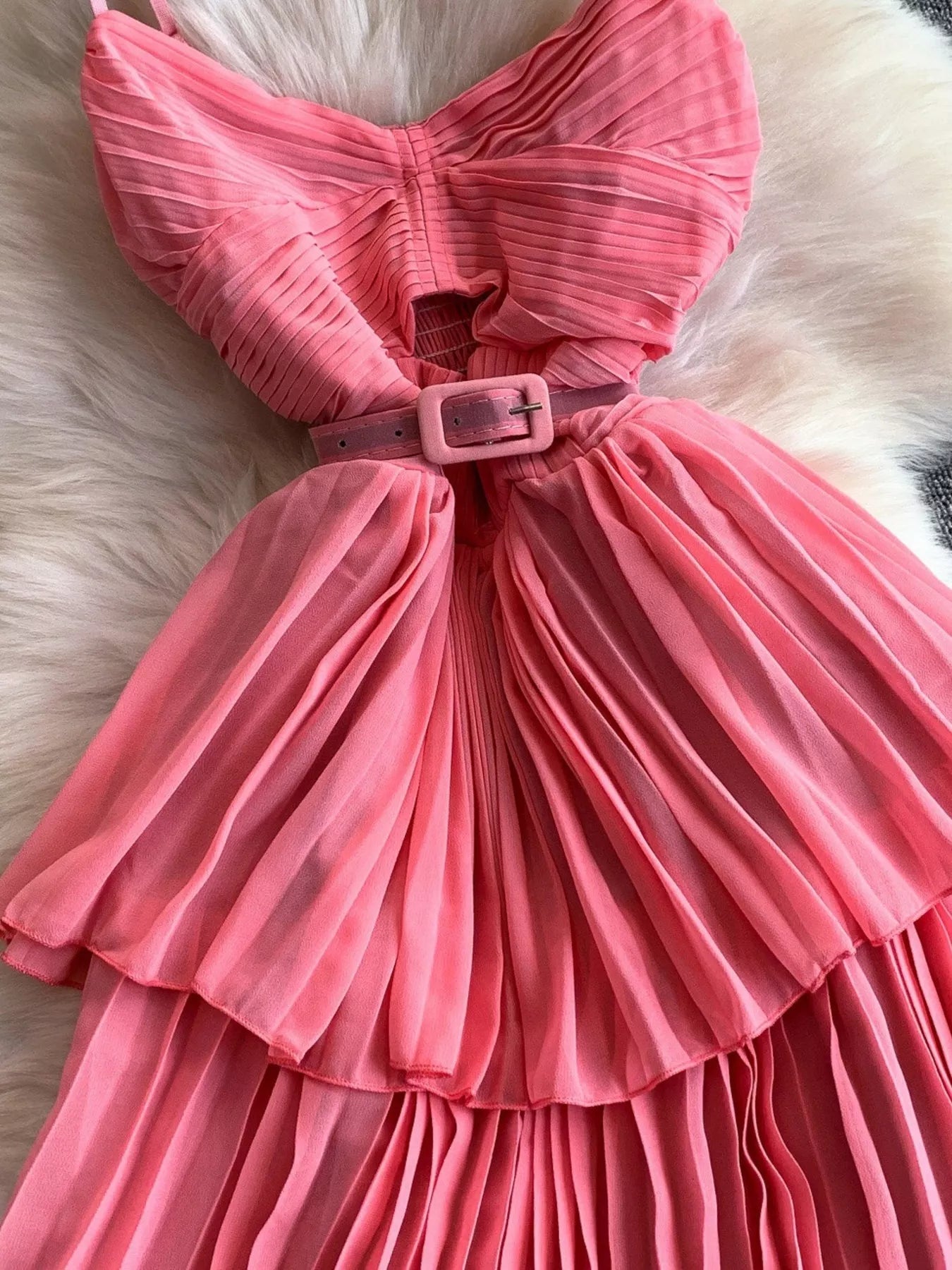 Pleated midi dress spaghetti strap side view