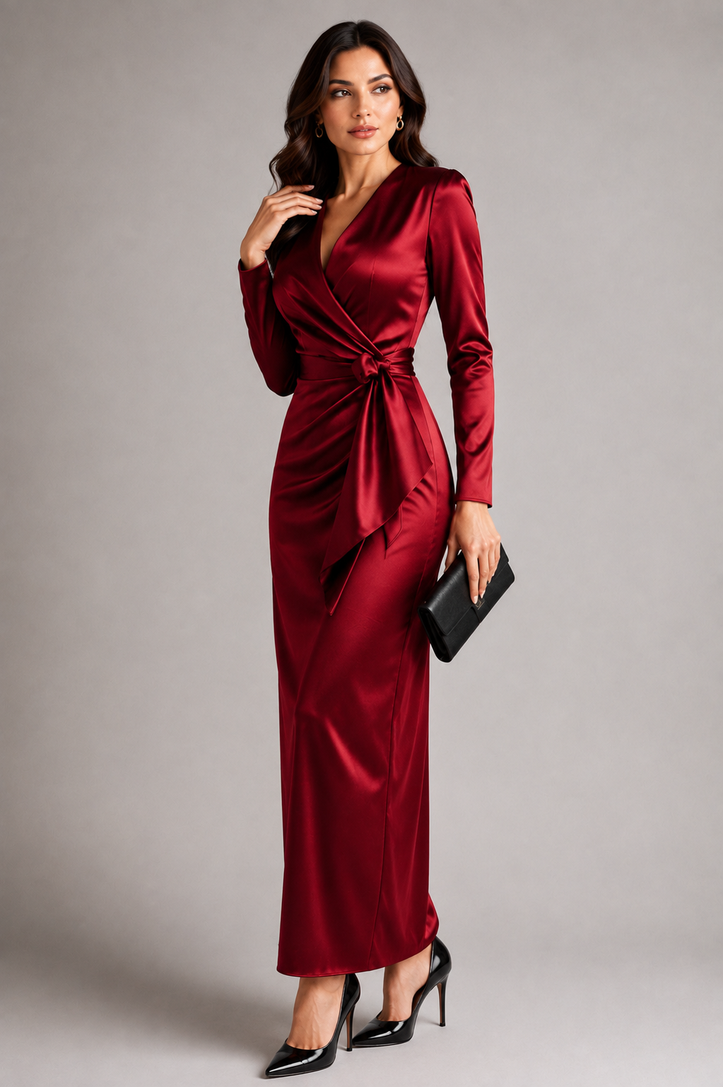 Satin Tie-Waist Long-Sleeve Dress