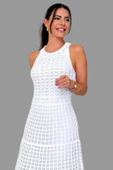 White sleeveless openwork maxi dress, bodice detail