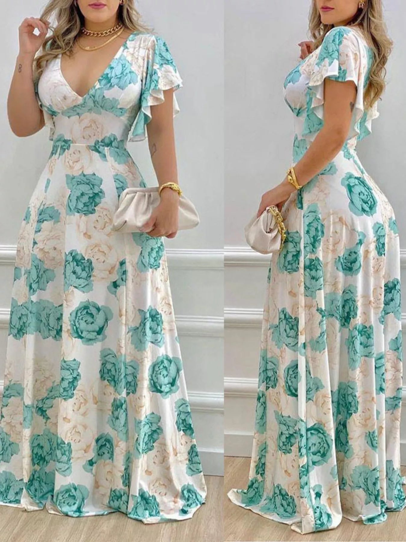 Floral V-Neck Ruffle-Sleeve Maxi Dress - product image 2