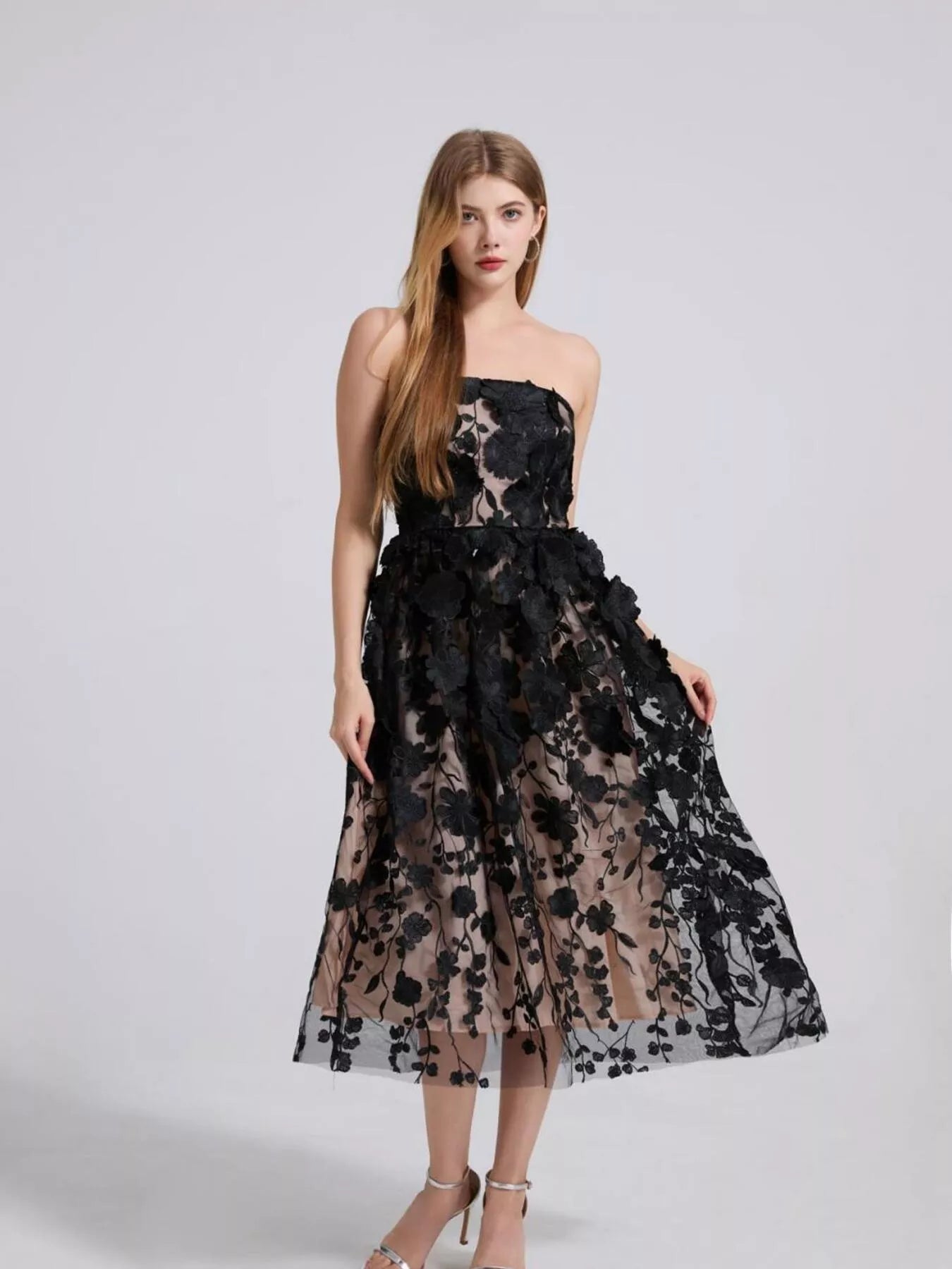 Floral appliqué strapless midi dress front view