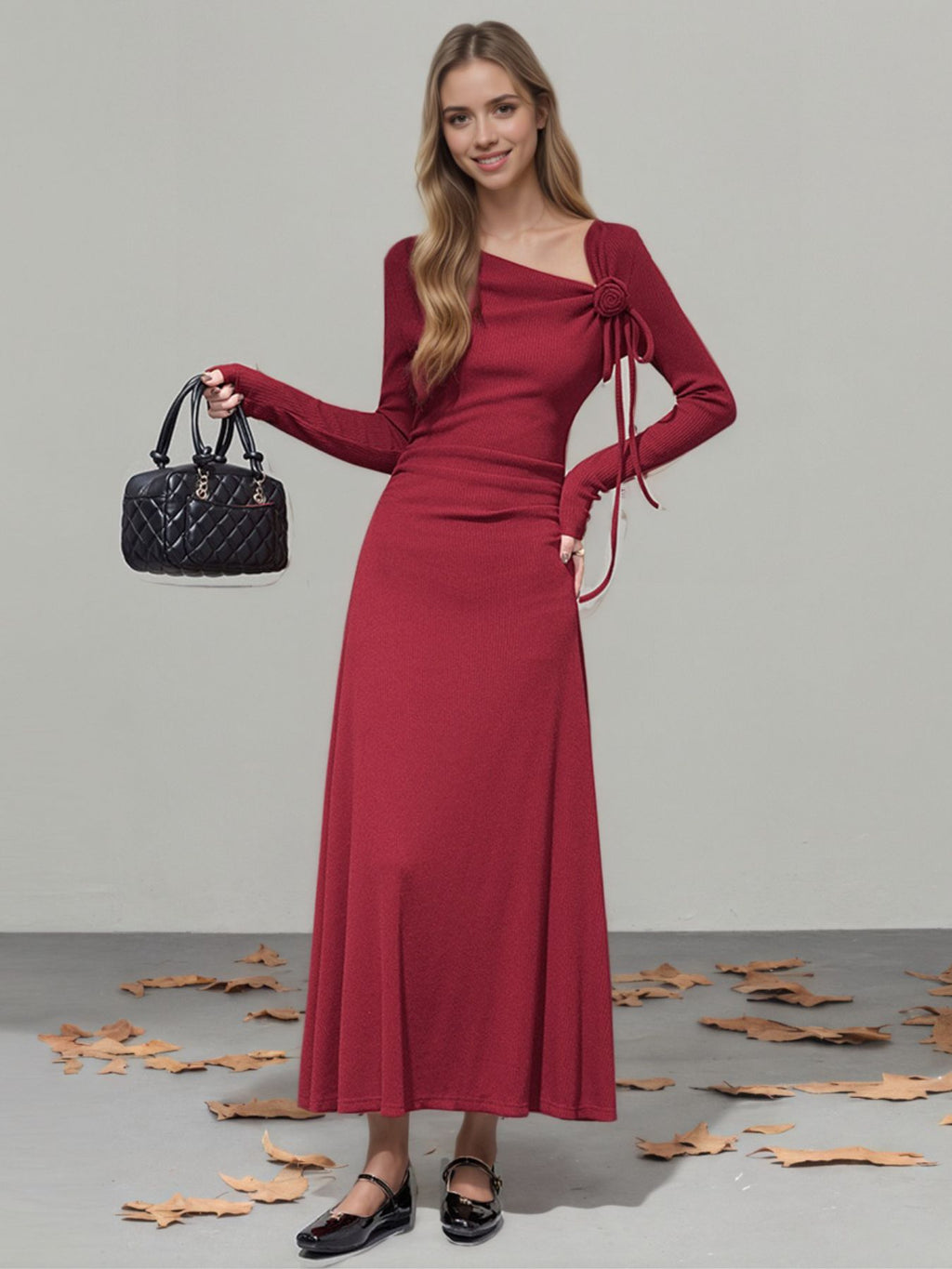 Red evening dress with long sleeves