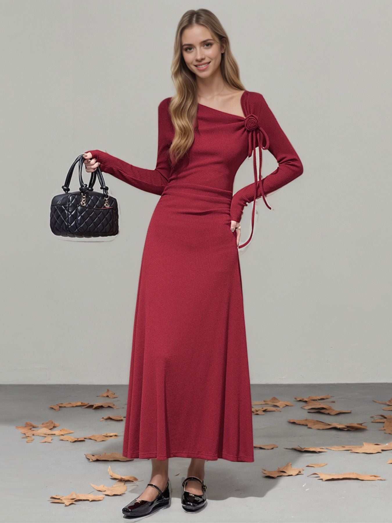 Red evening dress with long sleeves