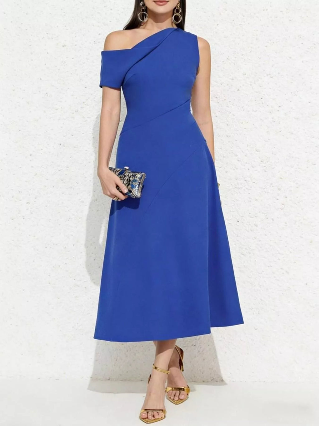 Royal-Blue One-Shoulder Midi Dress - product view 5