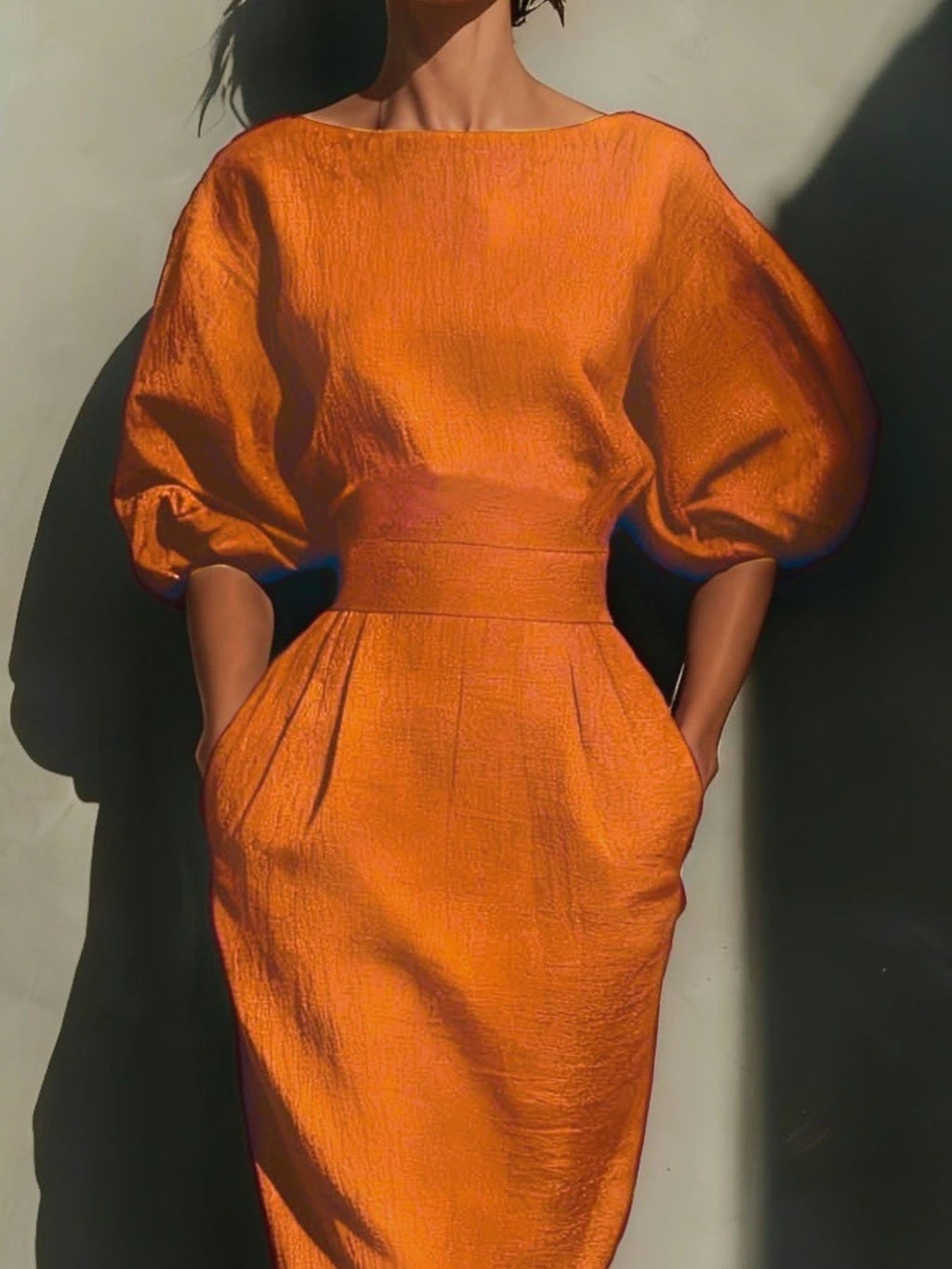 Orange puff sleeve midi dress with pockets