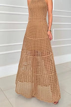 Ochre sleeveless openwork maxi dress, skirt detail