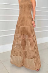 Ochre sleeveless openwork maxi dress, skirt detail