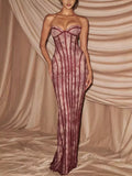 Burgundy lace-up back strapless maxi dress front view