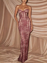 Burgundy lace-up back strapless maxi dress front view