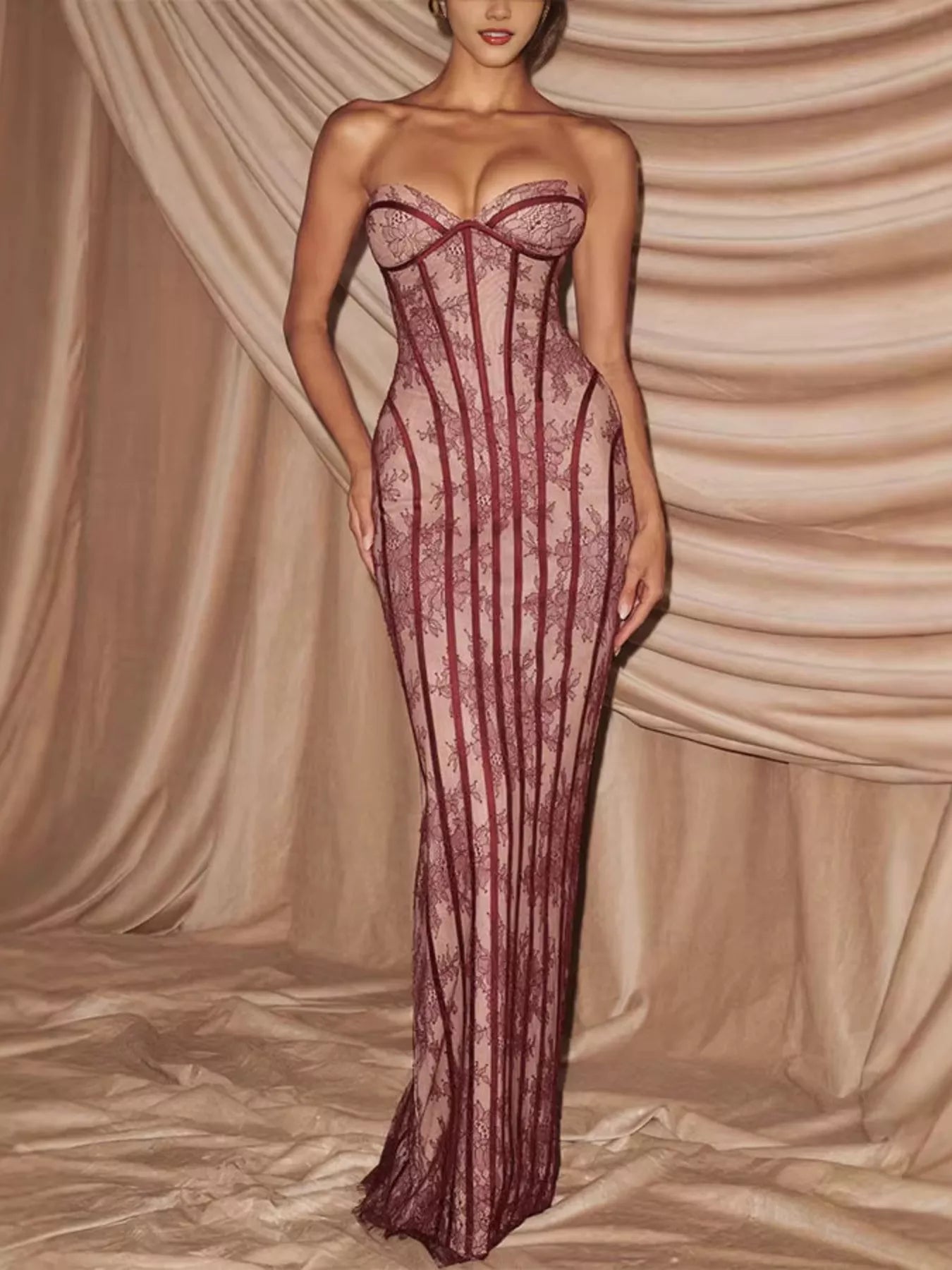 Burgundy lace-up back strapless maxi dress front view
