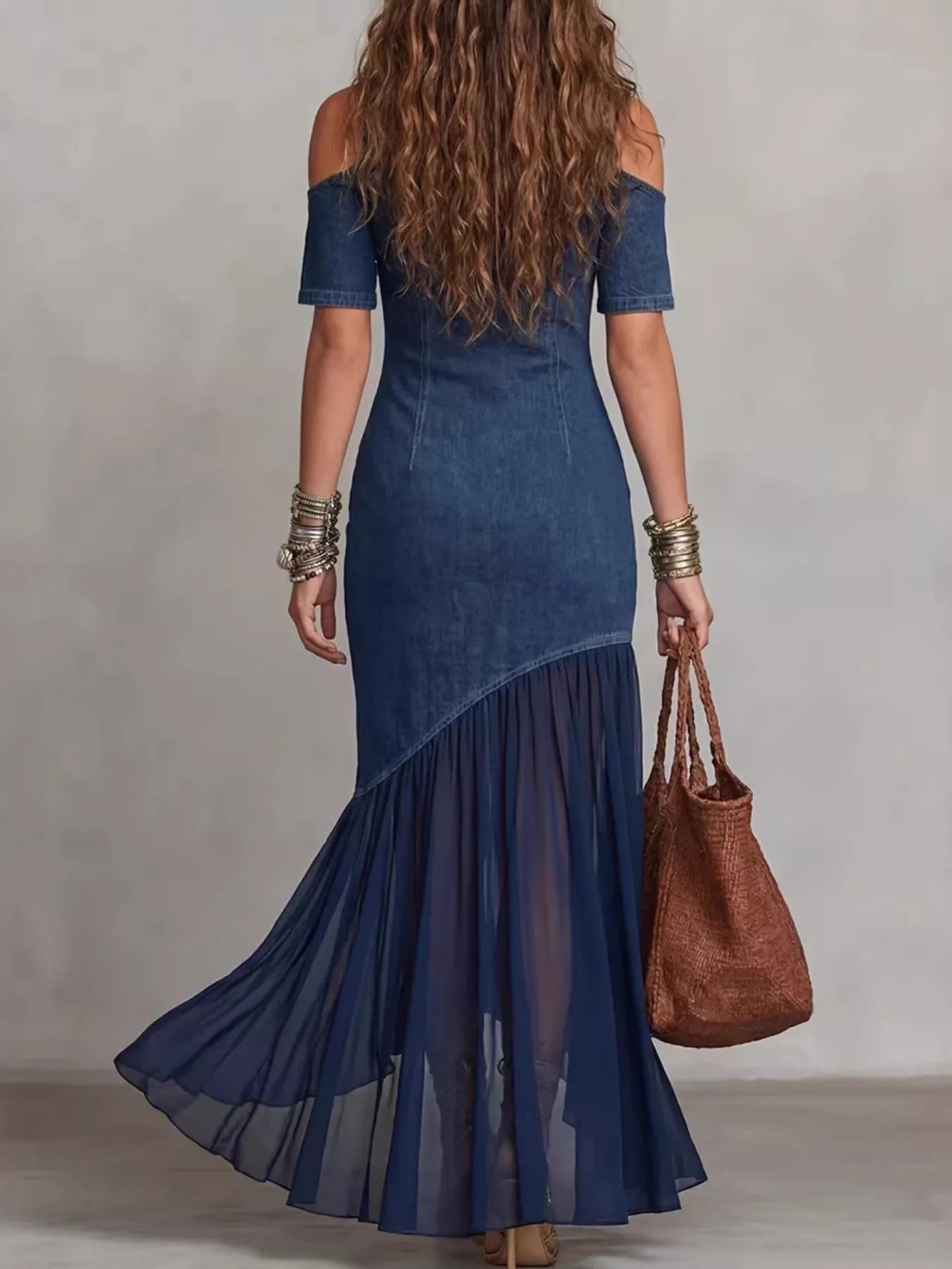 Dark-Blue Mock-Neck Cold-Shoulder Ruffle Maxi Dress - product view 4