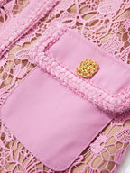 Pink lace button-up midi dress with pockets, button detail.