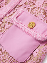 Pink lace button-up midi dress with pockets, button detail.