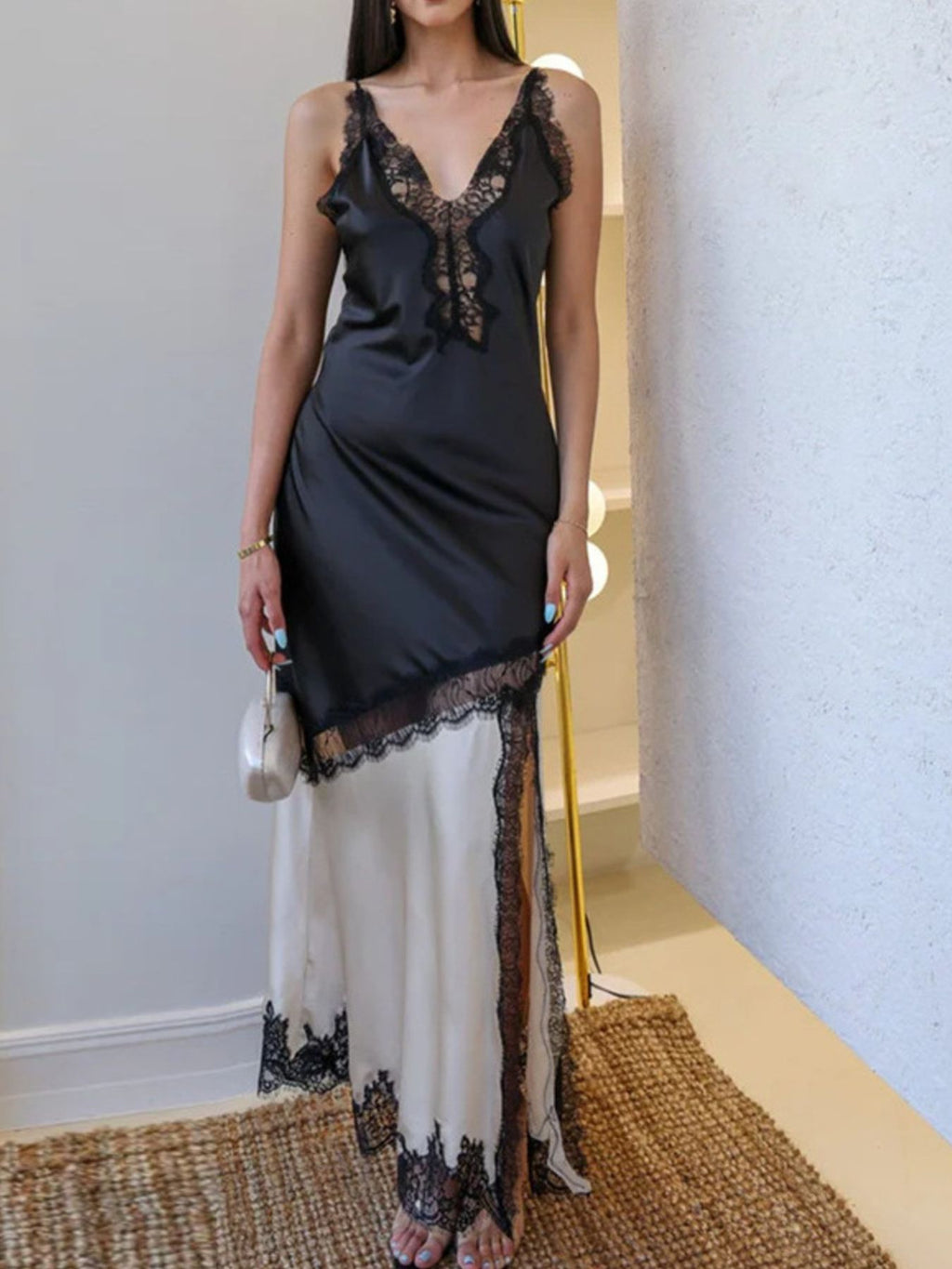 Black lace trim two-tone slip dress front view