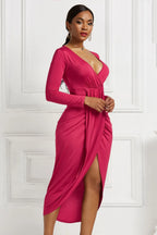 Fuchsia ruched long-sleeve wrap dress, side view